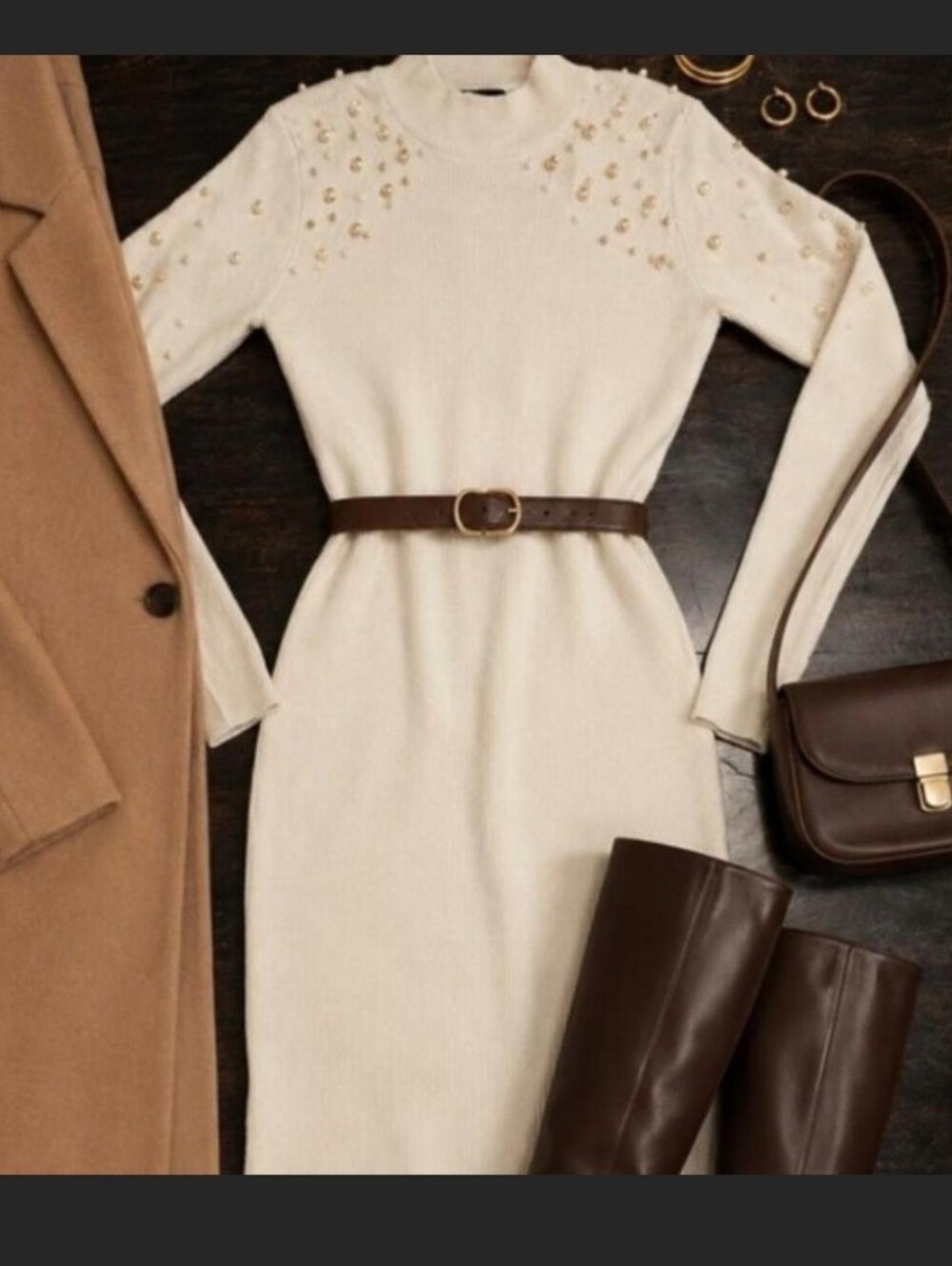 Lovers + Friends Cream Knit Long-Sleeve Embellished Dress